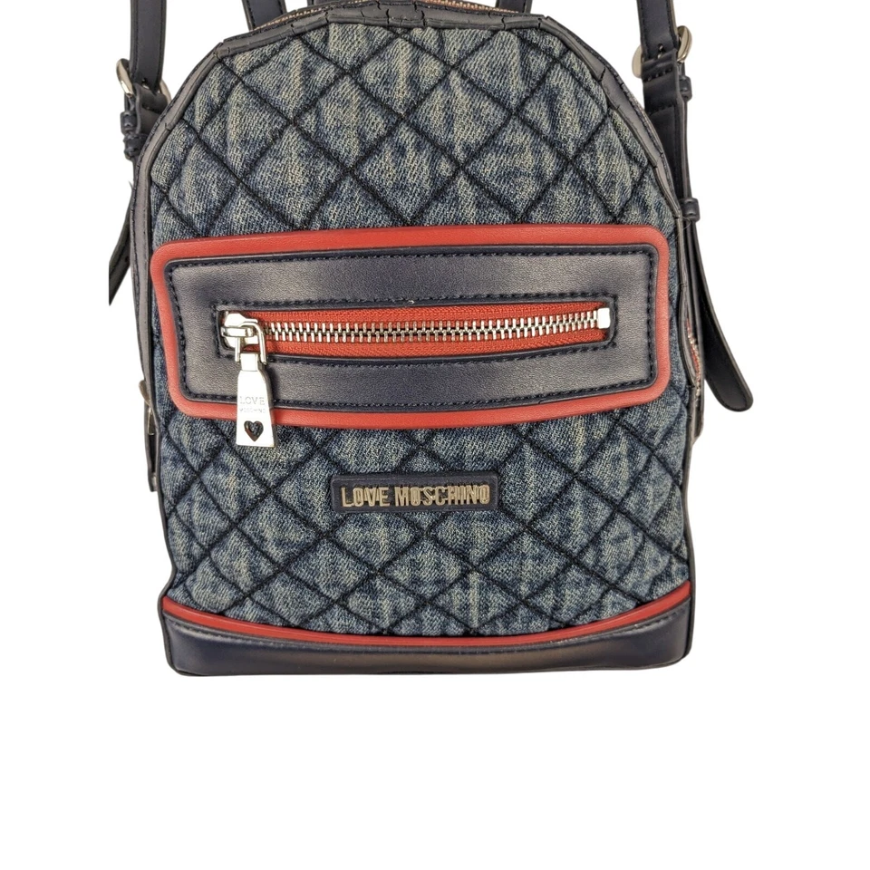 Mini Mochila Love Moschino Acolchada Denim Azul Rojo Imitación Cuero Borde Y2K Foto 3 de 4