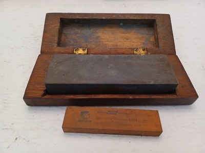 SHARPENING Stone IN Wood Box WITH BEAR POCKET STONE USED SEE PHOTOS