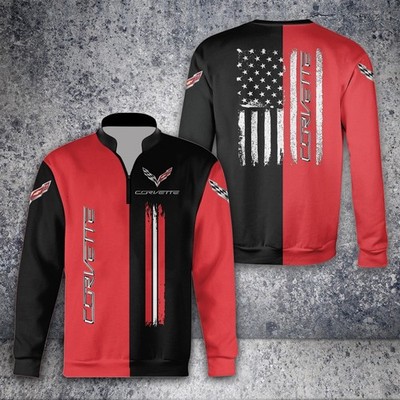 Custom Name Men's Corvette C7 Logo 3D Long Sleeve 1/4 Zip Shirts - All Size