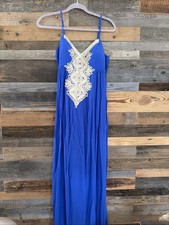 Lilly Pulitzer Blue Silk Maxi Dress Gold Soutache Embroidery Size 8 Boho Gown