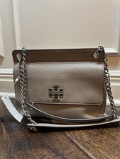 NWT!Tory Burch Britten Flap Shoulder Bag French Grey Convertible Chain Strap
