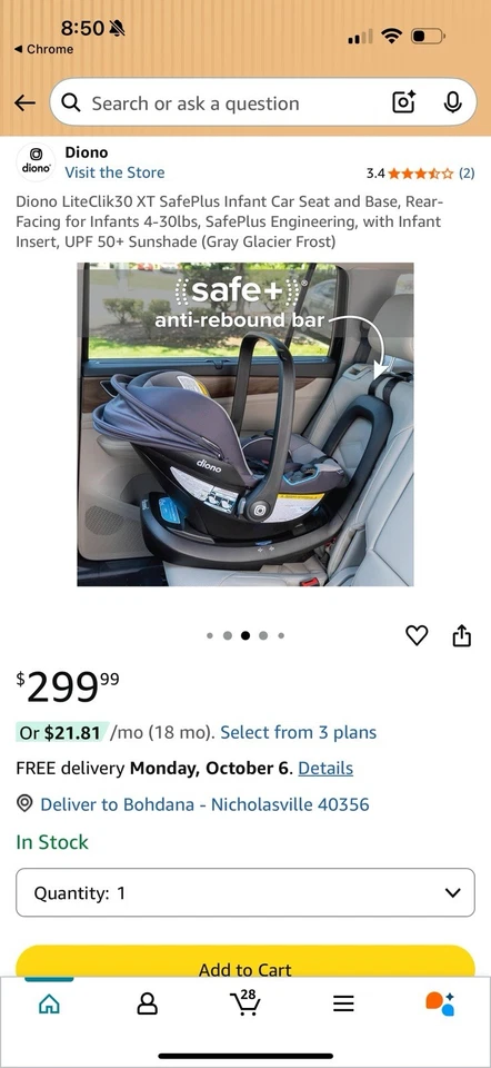 Asiento de coche negro Diono LiteClik30 XT (4-30 lb) Foto 2 de 3