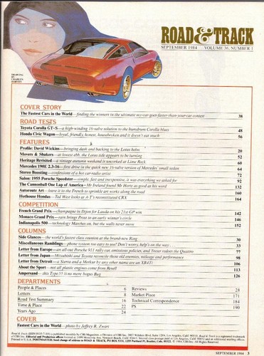 ROAD & TRACK~ Sept 1984 ~ World's Fastest Cars, Ruf Porsche, Ferrari 512, Aston - Picture 2 of 2