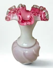 Vintage Fenton White Milk swirl Glass Cased Peach Pink Crest Ruffled 8" Vase