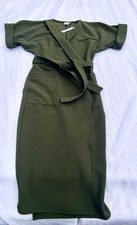 ASOS Olive Green Wrap Midi Dress US 4 Tie Waist Kimono Sleeve Pockets Belted