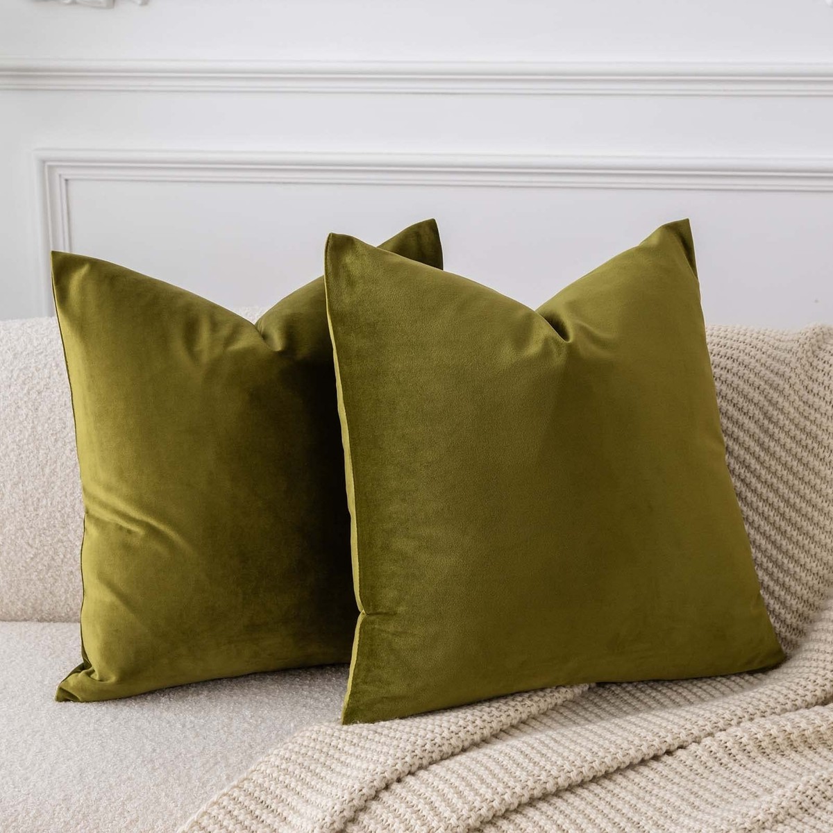 Olive Green Decorative Velvet Throw Pillow Covers 20x20 Inches Set