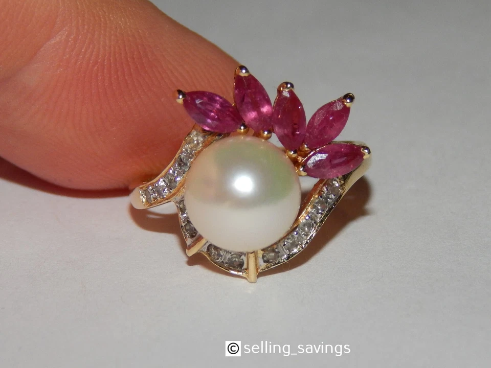 14K SOLID YELLOW GOLD 2.50 TCW PEARL RUBY & DIAMOND COCKTAIL RING SIZE 6 - Image 4 of 4