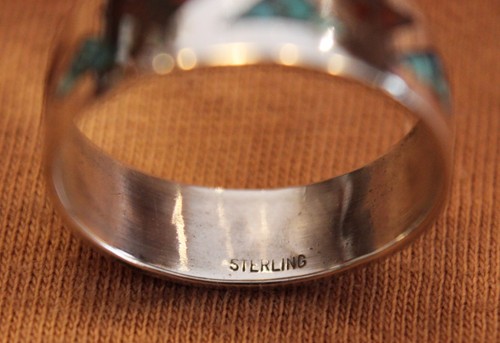 Altes Modell Chip Inlay Ring, Wedding Band, Türkis & Koralle, Silber, Indianer - Picture 4 of 6