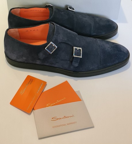 Santoni Atlantis Suede Leather Double Monk Strap Shoes Navy Size uk 10 eu 44 - Picture 2 of 7