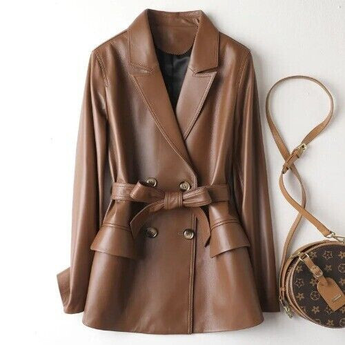 Women Slim Fit Sheepskin Leather Jacket with Waist Detail Mid-Length Coat