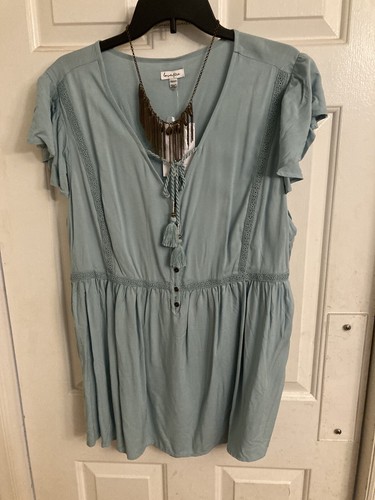 NWT Size 0X Blouse+Necklace Tunic Flutter Sleeve 100% Rayon Light Green MSRP-$52 - 第 1/8 張圖片