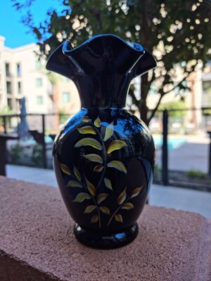 Fenton 100th Anniversary Vase Black/Ebony Hand Painted Florals | eBay