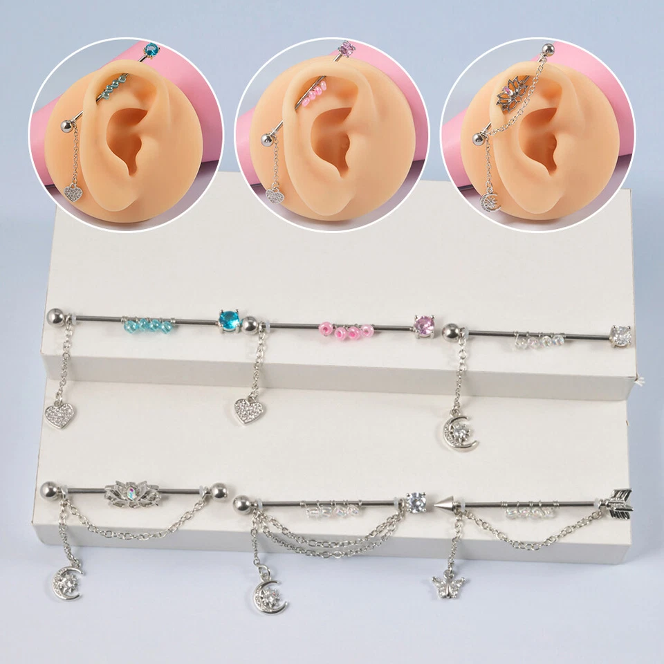 Industrial Scaffold Bar Ear Piercing Shinny Straight Barbell Steel Gem Opal - Image 3 of 4