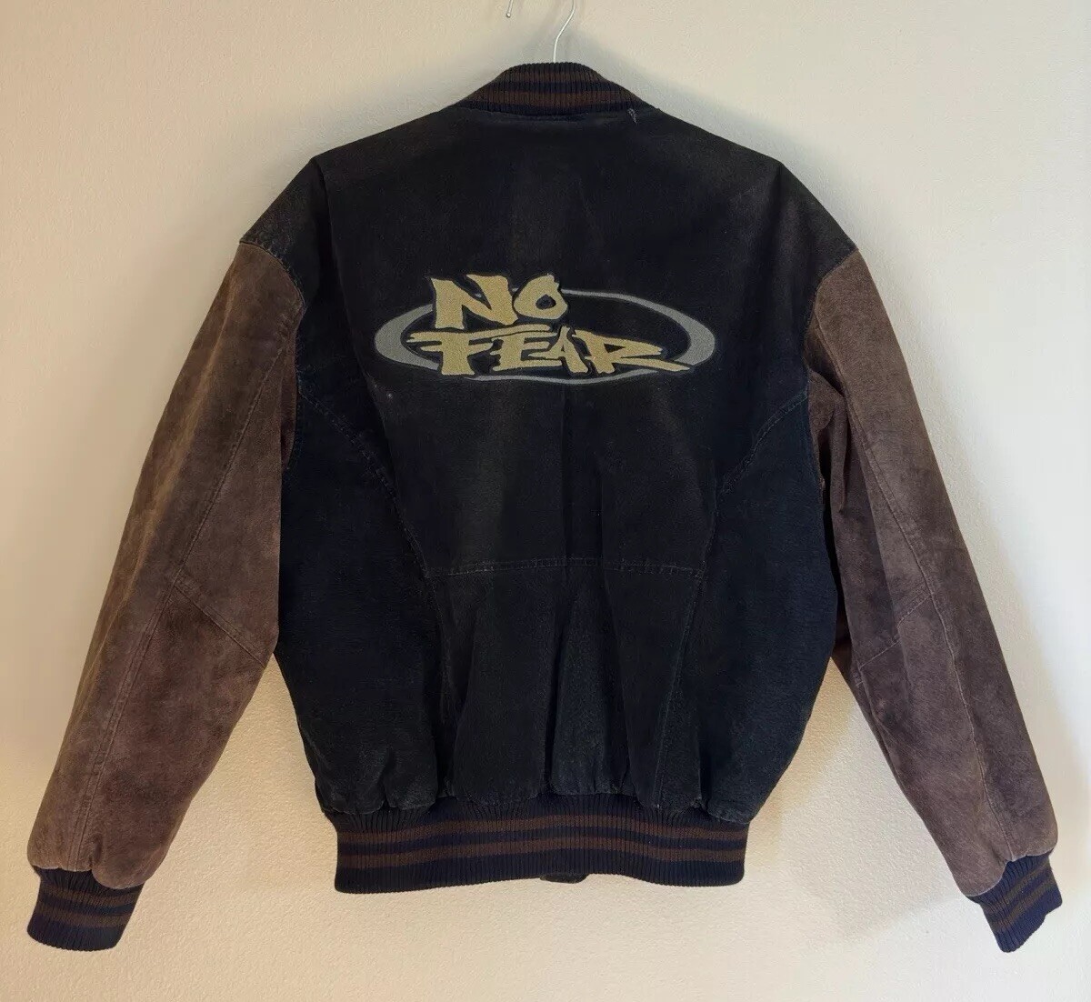 No Fear Vintage 1990's Black Leather Bomber Jacket Mens Size No Fear Vintage 1990's Black Leather Bomber Jacket Mens Size