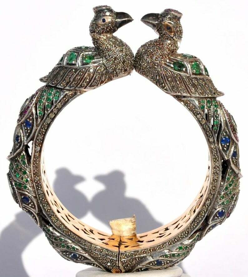 Fabulous Vintage Blue Sapphire Emerald Ruby & CZ Peacock Bangle Indian Bracelet