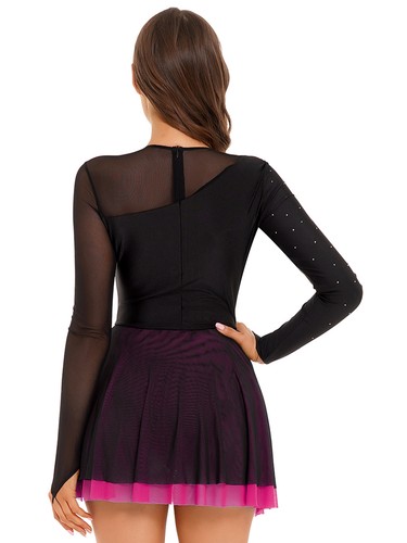 Womens Shiny Long Sleeve Leotard Dress Figure Ice Skating Ballet Dance Dress - Picture 36 of 52