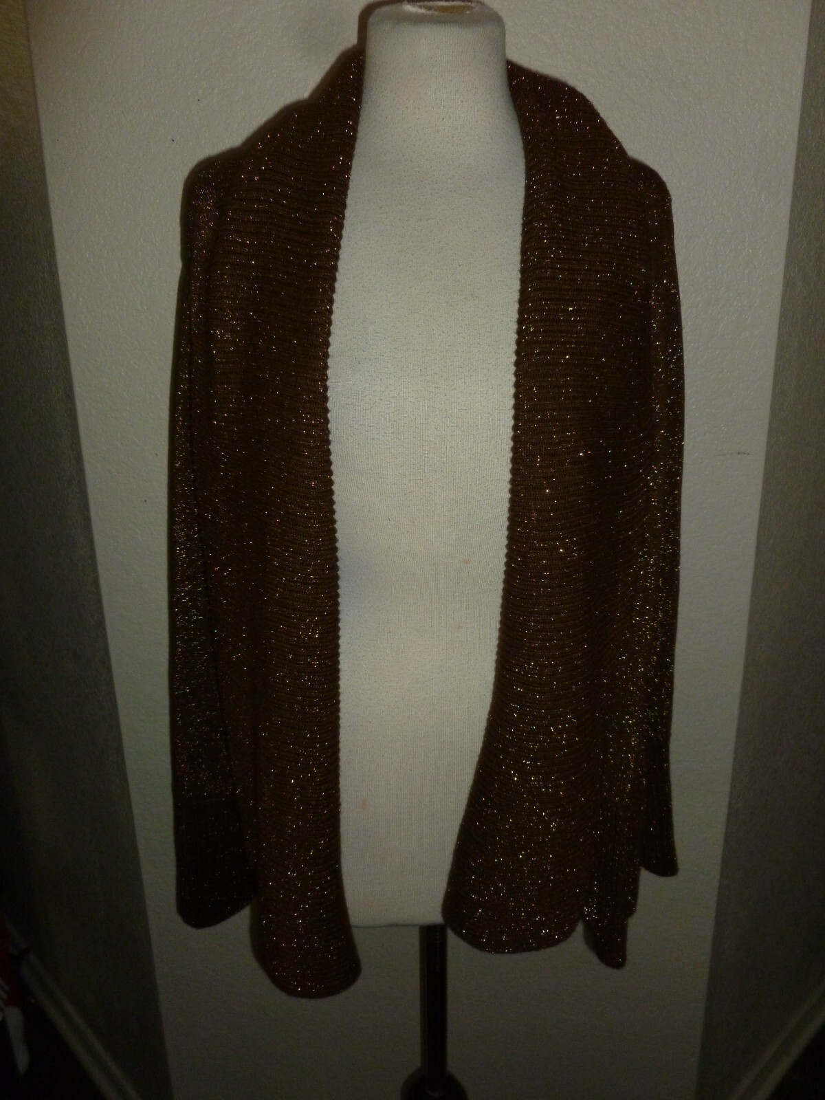 Joan Vass Womens Wrap Open Front Cardigan Sweater Sparkle Brown L Large