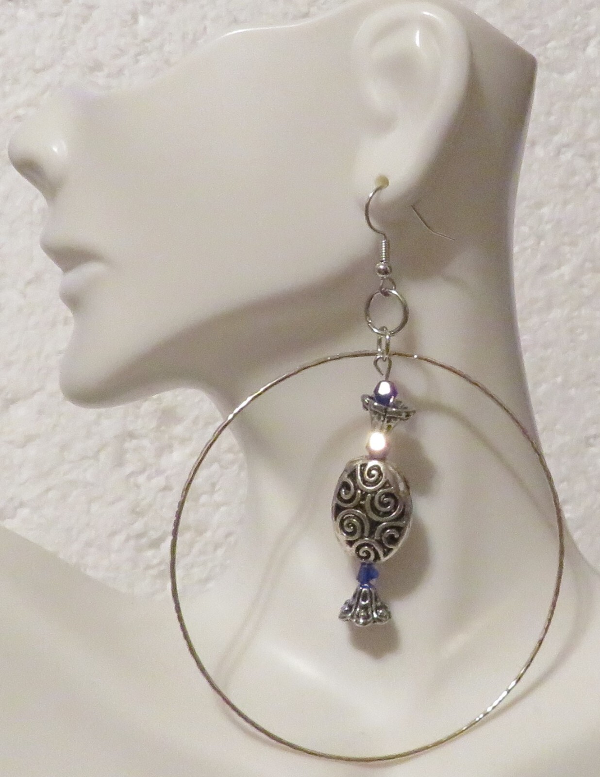 Silver Hoop Earrings with Oval Drop and Blue Crystal Accents 3