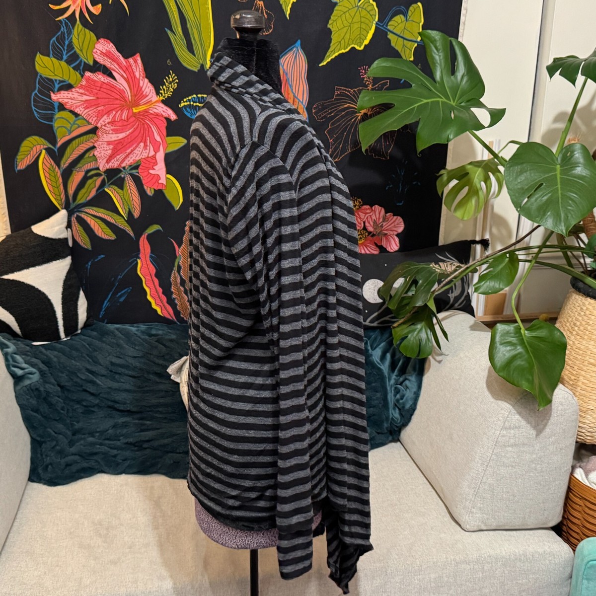 Twenty One Open Front Drape Shawl Cardigan, Black/Grey Stripes