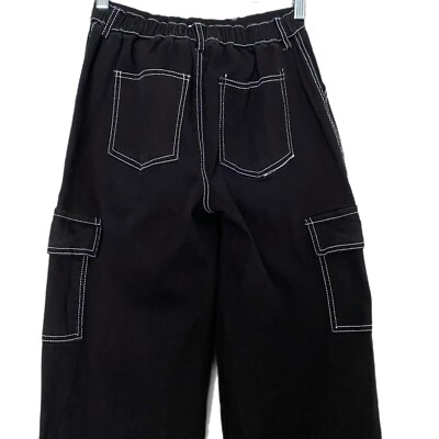 Rachel Paige Womens Black Cargo Wide Leg Y2K Elastic Waist Denim