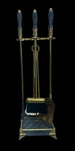 Mid Century Brass & Gray Marbled Fireplace Set W/ Stand Tool Poker Shovel Broom 