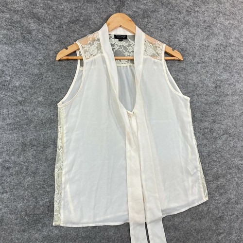 Topshop Womens Top Size 8 White Floral Lace Sleeveless Pussy Bow Blouse 27315 - Picture 5 of 12