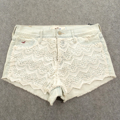 Hollister Jean Shorts Womens 29 Blue Mid Rise Denim Crochet Mid Rise Zip New