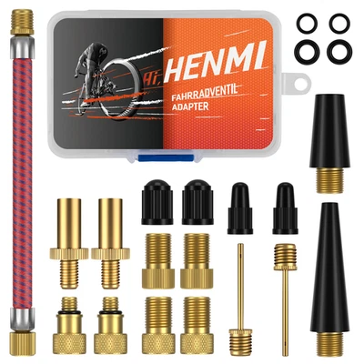 HENMI Fahrrad Ventil Adapter Set 21-teilig Ventiladapter für alle gängigen Ventilarten