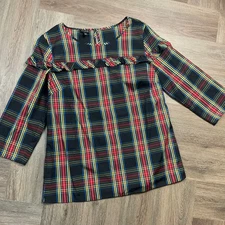 Talbots Tartan Plaid Tunic Top Womens Large Navy Red Ruffle Holiday Cottagecore