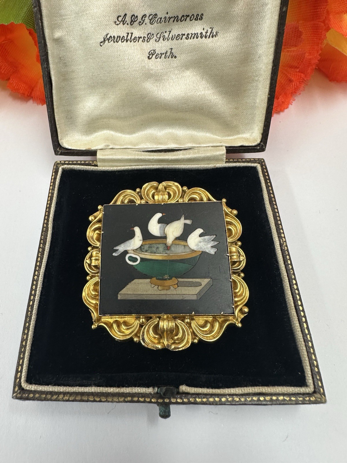 1870s 18k Hard stone Dove Birdbath Scence Brooch