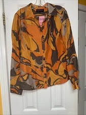 Vtg NWT Jones New York Collection 100%Silk Blouse  Size 12 Orange Abstract Y2k