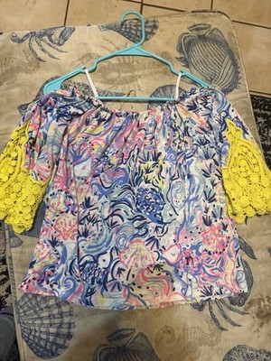 Lilly Pulitzer Off-the-Shoulder Floral Crochet Bell Sleeve Blouse XS