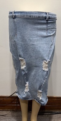Blanc Clothing Denim Skirt Pencil Midi Distressed Light Sz Medium Body Con