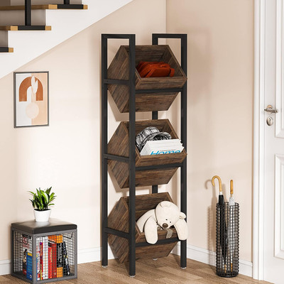 3-Tier Basket Stand, Wood Snack Rack with Baskets,  for Kitchen Bathroom