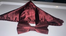Men  s Adjustable Bow Tie Burgundy With Handkerchief Feels Like Satin  