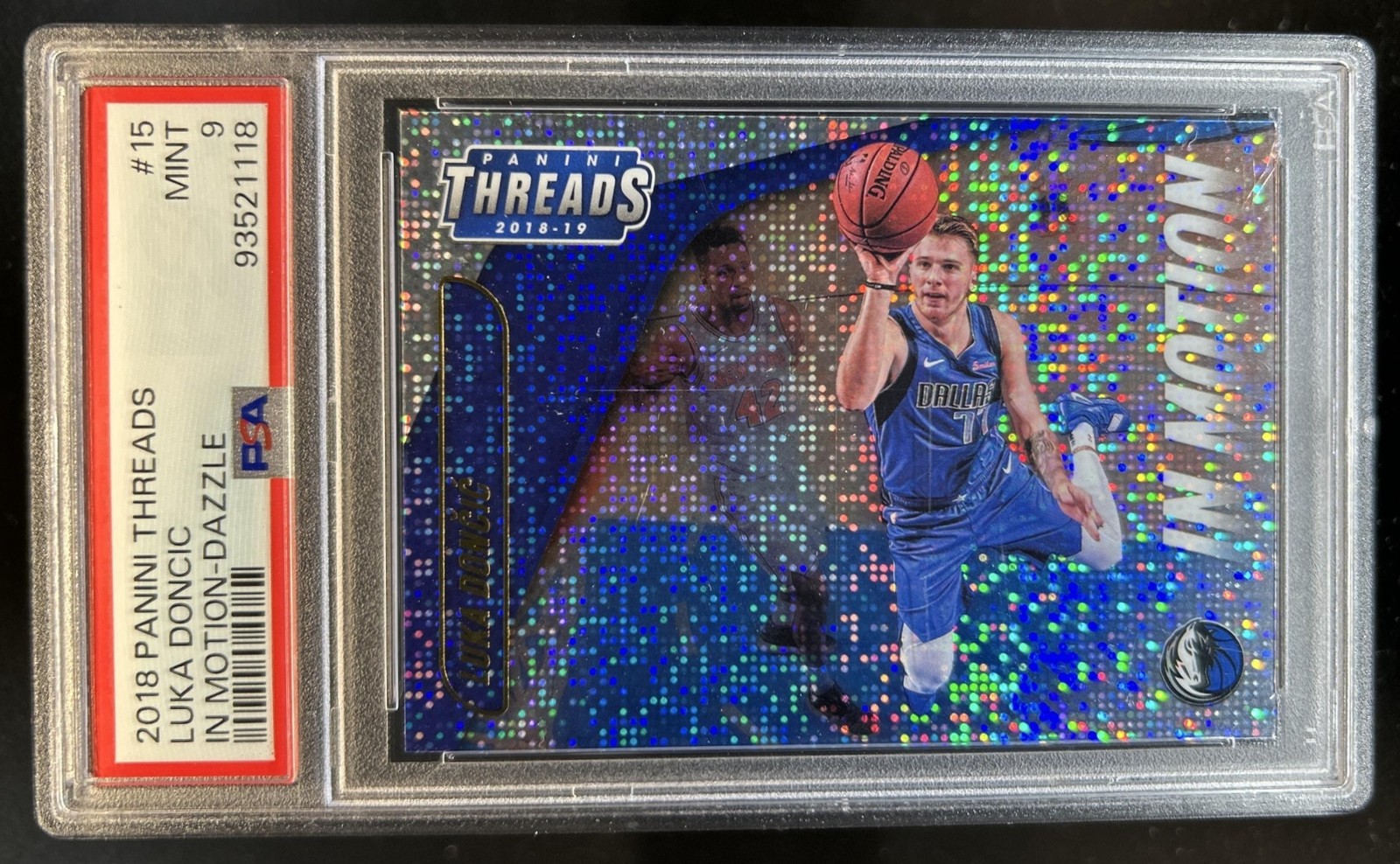 2018-19 Panini Threads Luka Doncic In Motion Dazzle #15 Mavericks PSA 9
