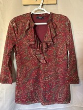 Chaps Red Paisley Knit Ruffle V-Neck Long Sleeve Stretch Tunic Blouse S