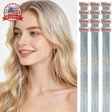 Silver Clip in Hair Tinsel, 24 Inch 75 Strands Heat Resistant Glitter Hair Exten