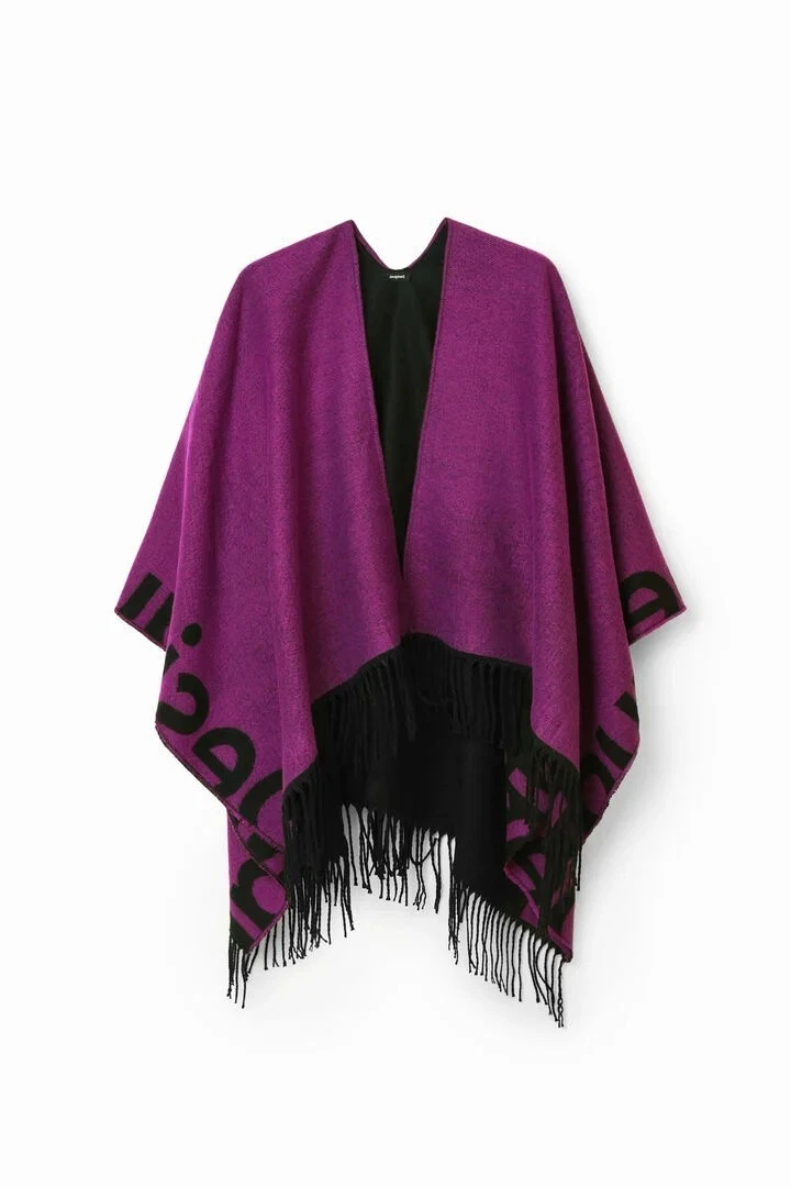 Desigual Paris Reversible Poncho Cape Purple Black Fringe Wrap One Size Oversize