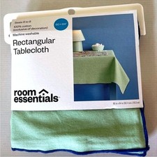 Room Essentials Rectangular Tablecloth Light Green Blue Trim Cotton 60 X 84 New