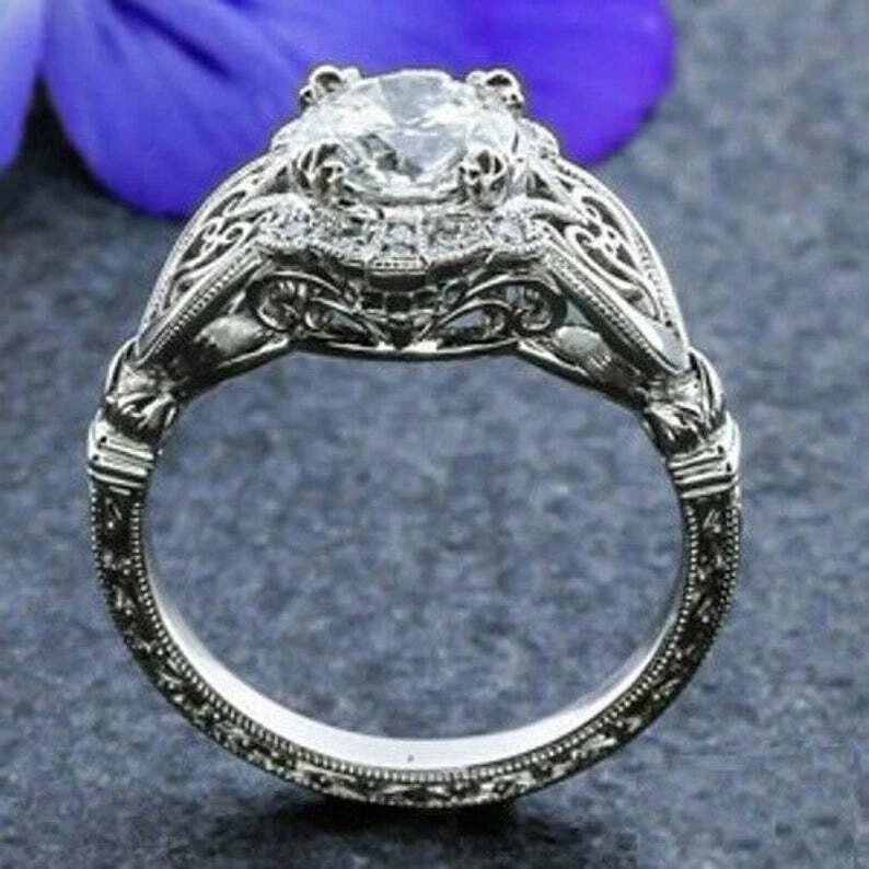Anel de presente de casamento antigo de diamante criado em laboratório Art Deco ouro branco 14K FN - Imagem 4 de 4