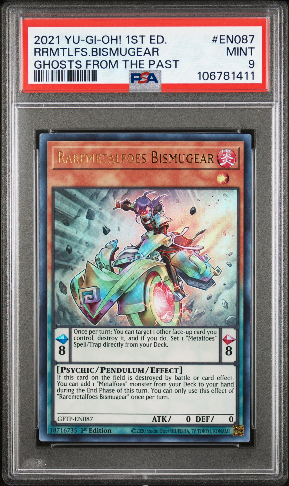 2021 YU-GI-OH! GHOSTS FROM THE PAST 1ST EDITION RAREMETALFOES BISMUGEAR PSA 9 view 1