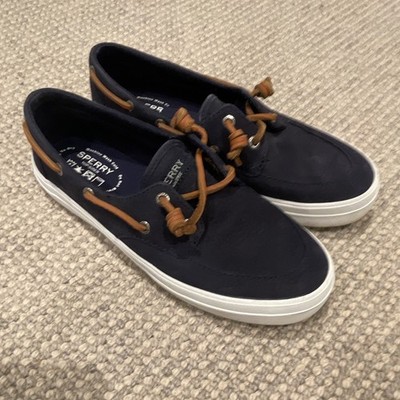 Sperry Women s Top Siders Navy Blue Boat Shoes Rawhide Laces White Soles