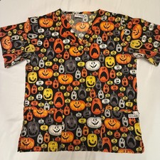 UA Scrubs Uniform Top Halloween Pumpkins Faces Preowned A7-4 