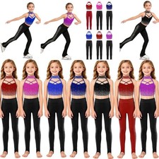 Kids Girls Tracksuit Dance Outfit Crop Top Set Yoga Halter Cycling Sleeveless
