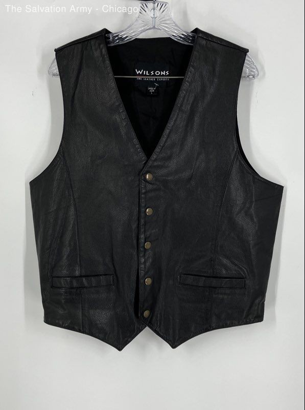 Wilsons Mens Black Leather Sleeveless Pockets Snap Front Biker Vest Size L