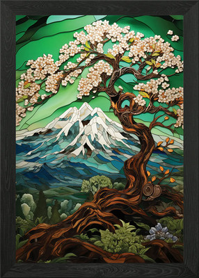Mt Fuji Glasmalerei Baum Gerahmtes Wandbild Poster Leinwanddruck Bild