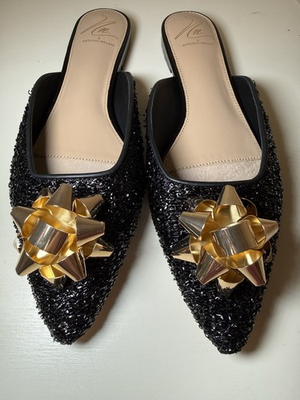#ad Black Antonio Melani x The Nat Note Estrella Textured Gold Bow Dress Mules 8 $60.00