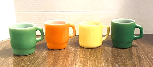 Vintage Anchor Hocking Fire King Ware 4-Coffee Cup Mugs Orange,Green & Yellow