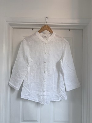 Women s Vintage Next White Embroidered Pure Linen Blouse Top 3/4 Sleeves size 12